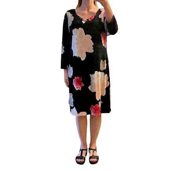 NWT Calvin Klein Floral Black Dress Pink Cream Stretch Knit Key Hole Chain XL - Picture 1 of 10